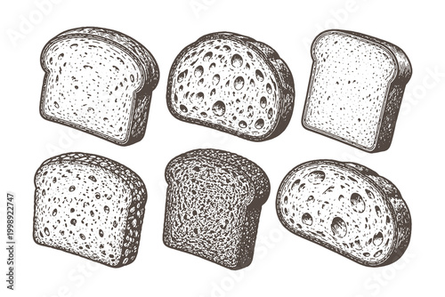 Professional vector icon set of various sliced bread types including whole wheat and rye bread in a classic hand drawn engraving technique