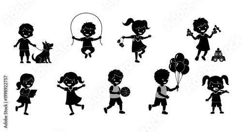 Set of Children Silhouettes Playing and Having Fun