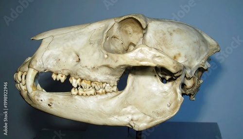 Side profile of a mammal skull, bleached bone color, showing teeth & eye sockets on a neutral gray backdrop. The jaw is open