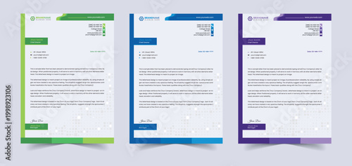 Letterhead Three colorful letterhead templates with green, blue, and purple borders on a light gray background for business correspondence template