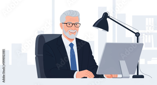 Senior businessman with grey hair and beard wearing glasses and formal suit sitting at his office desk with computer monitor and desk lamp, professional flat vector illustration.