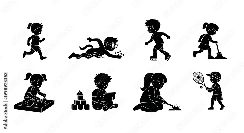 Obraz premium Set of Children Playing Activities Silhouettes