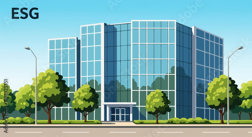 Vector illustration of a modern glass office building with green trees and street lamps, featuring the text ESG for environmental social and governance corporate sustainability.