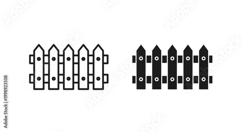 Minimalist wooden picket fence icons, black and white garden boundary vector set, simple timber fencing symbols for landscaping and property security