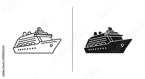 Modern cruise ship vector icons, luxury ocean liner silhouette and outline set, nautical travel and maritime vacation symbols for tourism design
