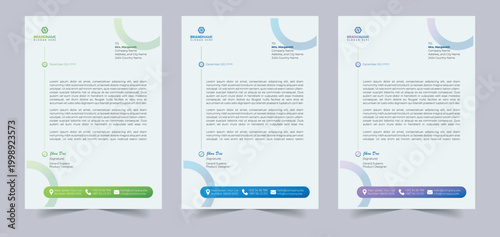 Letterhead Three sample letterhead templates with colorful designs and Arabic text on a light gray background template