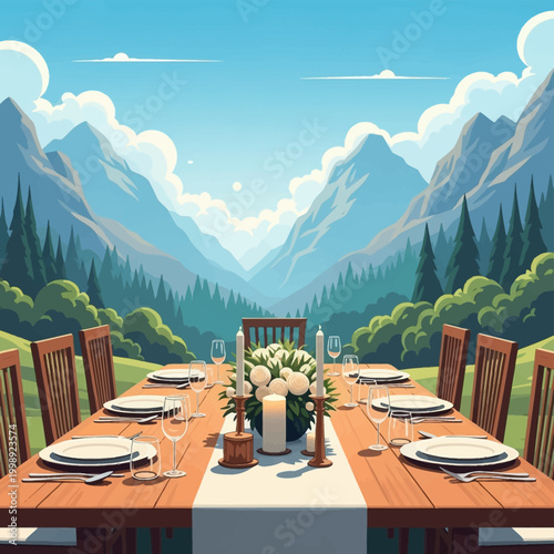 Vector illustration of a long wooden dining table set for an outdoor meal with white plates and flowers against a scenic mountain landscape with evergreen trees and a bright blue sky.