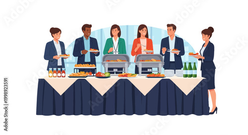 A group of diverse professional business people in suits standing at a long catering buffet table with food platters, chafing dishes, and drinks during an office meeting lunch.