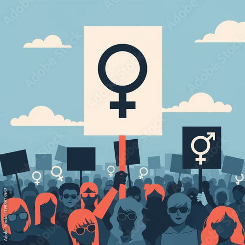 Vector illustration showing a crowd of diverse demonstrators holding up signs with female and transgender gender symbols during a street march for social justice and equality.