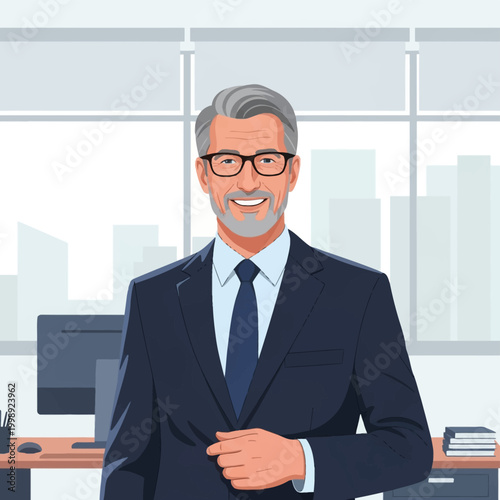 Vector illustration of a confident mature businessman with grey hair and glasses wearing a dark blue suit and tie, smiling in a modern office with city views and desk workspace.