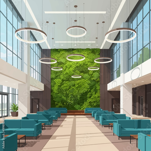 Modern corporate office lobby illustration featuring a lush green living wall, circular pendant lights, teal sofa seating area, and large floor-to-ceiling windows in a bright interior.