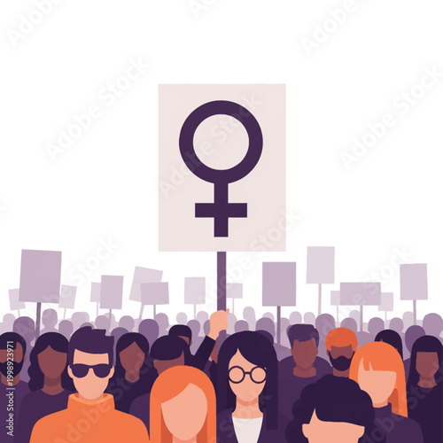 Flat vector illustration of a diverse group of people marching in a protest for gender equality, with a central figure holding a large sign displaying the female symbol.