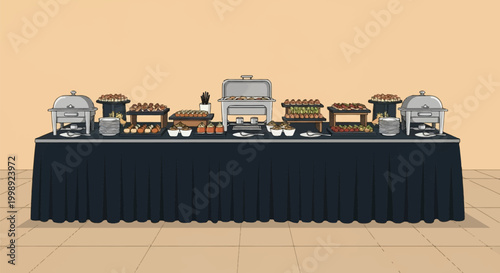 Vector illustration of a professional buffet setup featuring a long table with a black pleated skirt, stainless steel chafing dishes, tiered appetizer platters, and white ceramic plates.