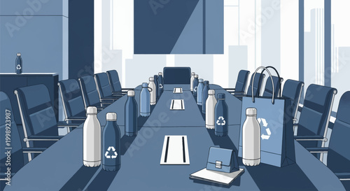 Flat vector illustration of a modern office conference room featuring multiple reusable blue and white water bottles with recycling icons on a long table with rows of chairs.