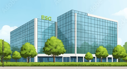 Modern corporate office building with blue reflective glass facade and green ESG sign on top, surrounded by lush green trees and shrubs under a clear blue sky background.