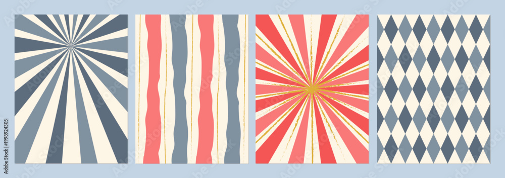 Fototapeta premium Collection of four vertical templates featuring vintage sunburst patterns, hand drawn stripes and classic argyle ornament. Abstract aesthetic designs for posters, social media stories, covers and