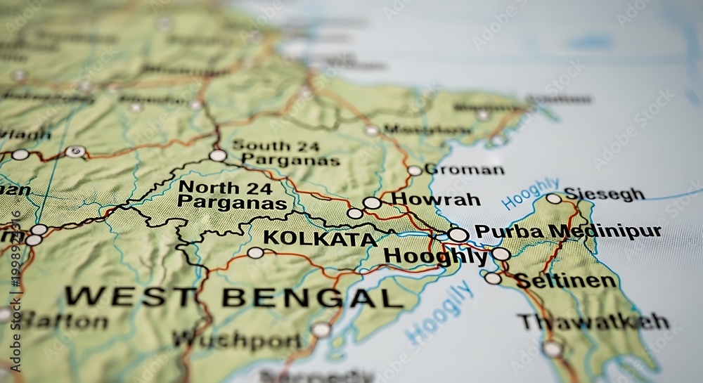 Naklejka premium Bright Regional Map Close Up of West Bengal and Kolkata Area