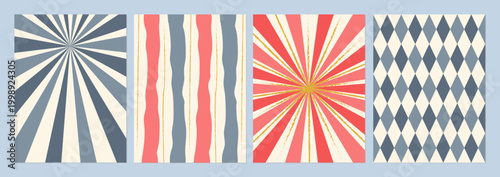 Collection of four vertical templates featuring vintage sunburst patterns, hand drawn stripes and classic argyle ornament. Abstract aesthetic designs for posters, social media stories, covers and