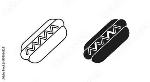 Minimalist hot dog vector icons, black and white sausage in bun with mustard line art, flat fast food snack symbols for restaurant menus