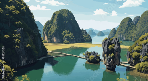 Aerial vector landscape showing tropical limestone islands and turquoise water in a lagoon with an elevated wooden walkway connecting steep karst mountains under a blue sky.