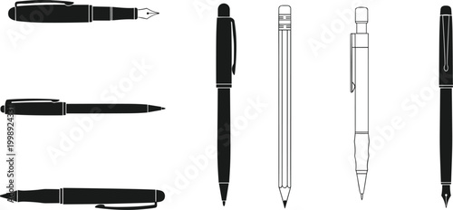 Tableau sur toile Pen and pencil silhouette set with fountain pen ballpoint and stationery tools v