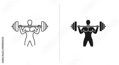 Bodybuilder lifting heavy barbell vector icons, muscular athlete weightlifting silhouette, gym fitness and strength training symbols for workout apps