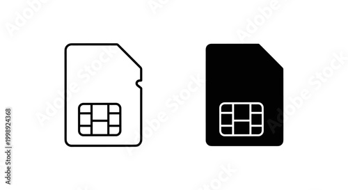 Sim card icon set in outline and solid styles, mobile phone chip vector illustration, telecommunication and cellular data storage symbols for web design
