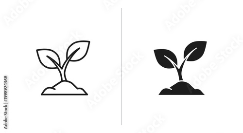 Minimalist plant sprout icons, black outline and solid seedling symbols, organic growth and gardening vector set for eco-friendly branding