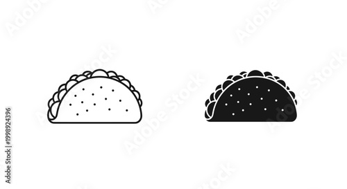 Minimalist taco icon set, black and white Mexican food vector illustrations, simple line art and solid silhouette taco symbols for restaurant menus