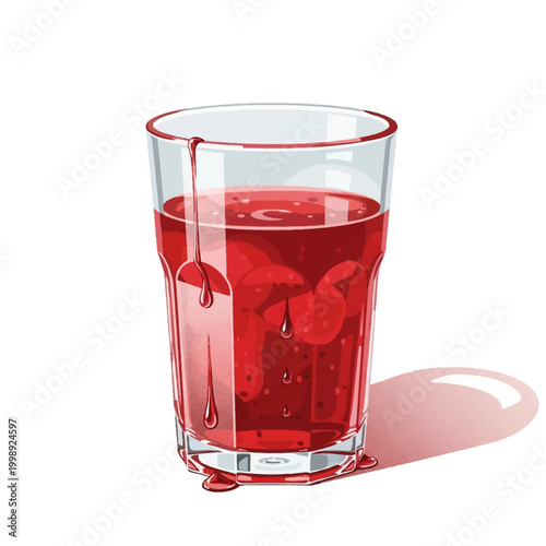 Vector illustration of a clear glass brimmed with crimson red liquid, featuring drops and drips running down the side, cast shadow, isolated on a white background.