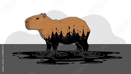Capybara Standing in Water with Melting Body.