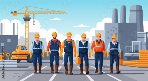 Vector illustration of six construction workers in yellow hard hats and safety vests standing at an industrial site with a large crane and factory buildings in the background.