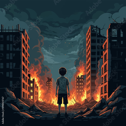 Vector art of a child from behind looking at a burning cityscape with destroyed apartment buildings, fire, smoke, and rubble in an apocalyptic urban war zone setting.