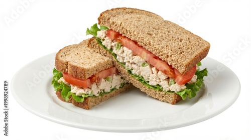 Delicious Tuna Salad Sandwich on Wheat Bread with Fresh Tomato and Lettuce on a White Plate.
