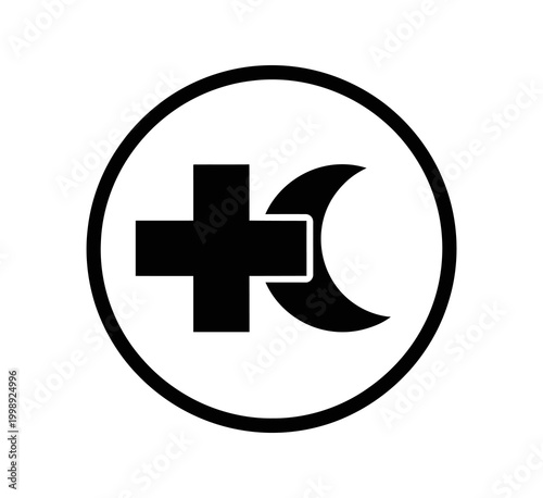 A bold black and white circular icon featuring a prominent cross and a crescent moon, symbolizing healthcare or emergency services