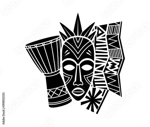 African Tribal Mask and Drum with Geometric Patterns Art Graphic