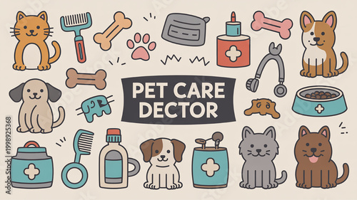 Cute pet care icons and illustrations including dogs cats and grooming tools perfect for veterinary clinics and pet services
