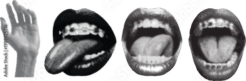 Halftone hand and open mouth set with tongue in bold pop art dotted style. Black and white abstract vector collection featuring expressive gestures and retro comic texture. Minimal modern design ideal