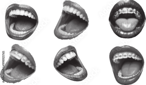 Halftone monochrome collage of open mouths with teeth in expressive poses. Bold black and white lips texture with dotted pop art shading. Modern abstract design for posters, ads, and creative layouts.