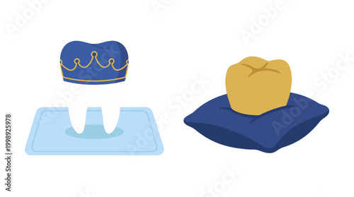 Illustration of a Dental Crown and a Golden Tooth on a Cushion.