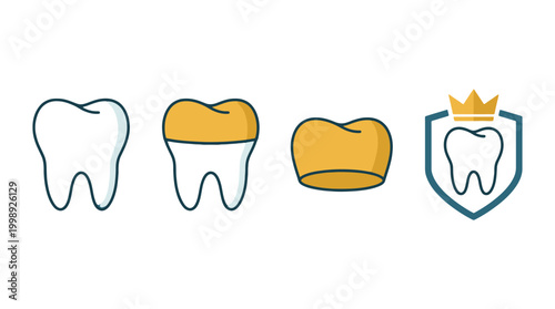 Set of dental icons featuring teeth with crowns and shield protection.