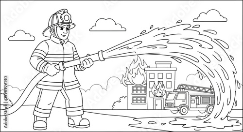 Firefighter spraying water from hose.