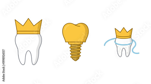 Set of dental icons featuring teeth with crowns and a dental implant.