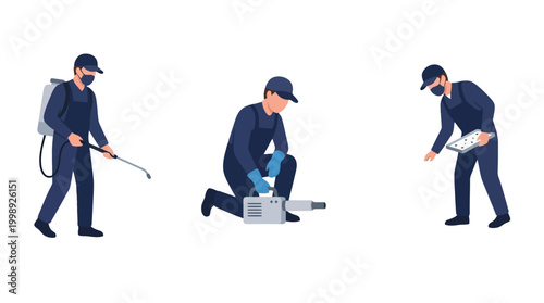 Set of professional pest control exterminator workers in uniform performing sanitization.