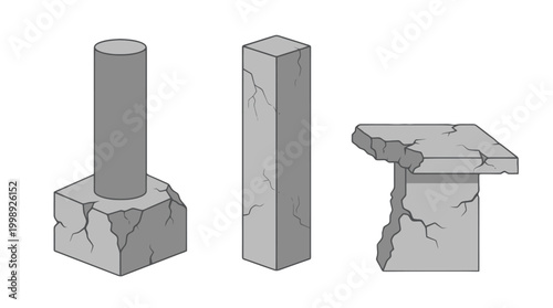 Set of grey stone pillars and broken concrete ruins.