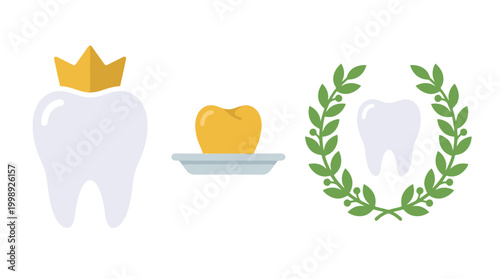 Set of premium dental service icons featuring crowned tooth golden tooth and laurel wreath.