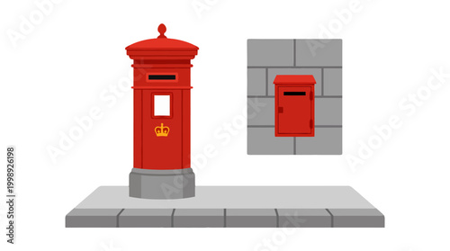 Set of two red British style mailboxes on a street sidewalk.
