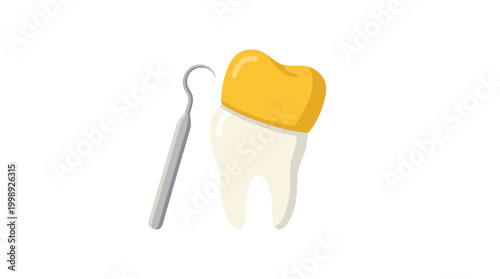 Dental tooth with golden crown and dental scaler instrument icon.