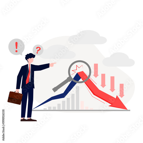  Businessman analyzing economic downturn, using magnifying glass to identify causes of financial crisis. Concept of problem solving, risk assessment