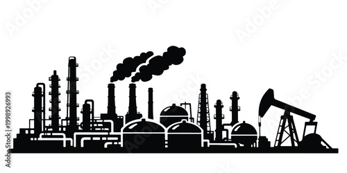 Industrial oil refinery silhouette vector, chemical plant factory with smoking chimneys, petroleum gas processing facility and oil pump jack icon